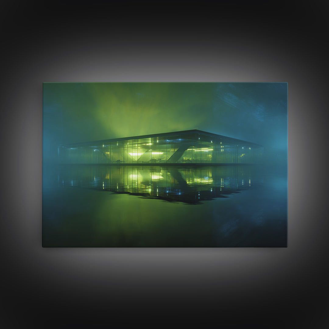 Floating Glass Architecture Above Reflective Water Canvas Print, Futuristic Art, Luxury Decor, Living Room Decor, Future, FUT-3x2-55
