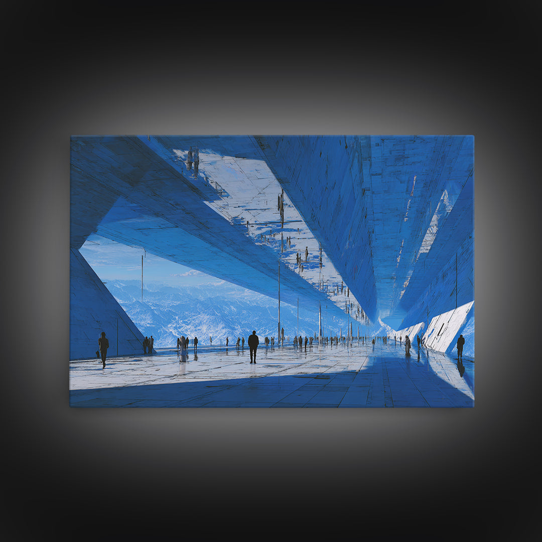 White and Blue Utopian Megastructure Framed Canvas Print, Futuristic Art, Landscape Art, Living Room Decor, Abstract Art, FUT-3x2-64