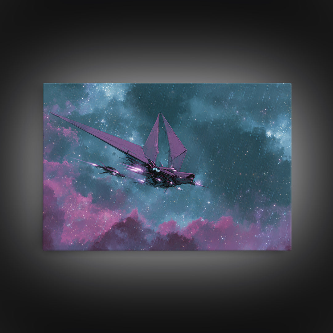 Solar Sail Ship Crossing Star Filled Space Framed Canvas Print, Futuristic Art, Digital Art, Living Room Decor, Future, FUT-3x2-69