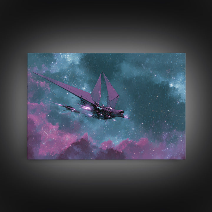 Solar Sail Ship Crossing Star Filled Space Framed Canvas Print, Futuristic Art, Digital Art, Living Room Decor, Future, FUT-3x2-69