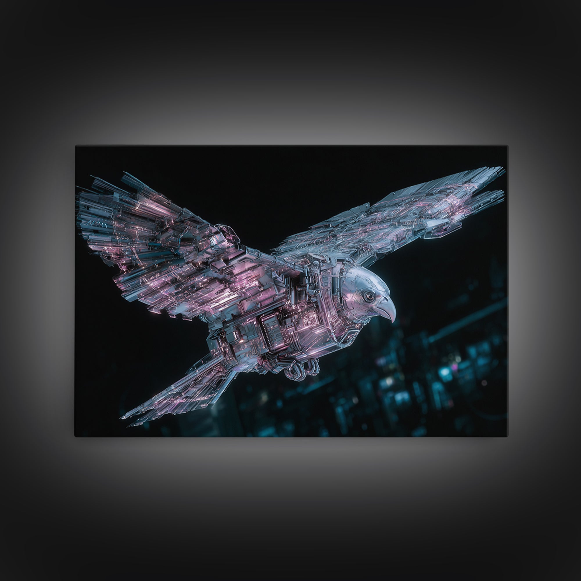 Futurist Bird Made of Panels and Light Framed Canvas Print, Futuristic Art, Modern Decor, Living Room Decor, Oil Painting, FUT-3x2-74