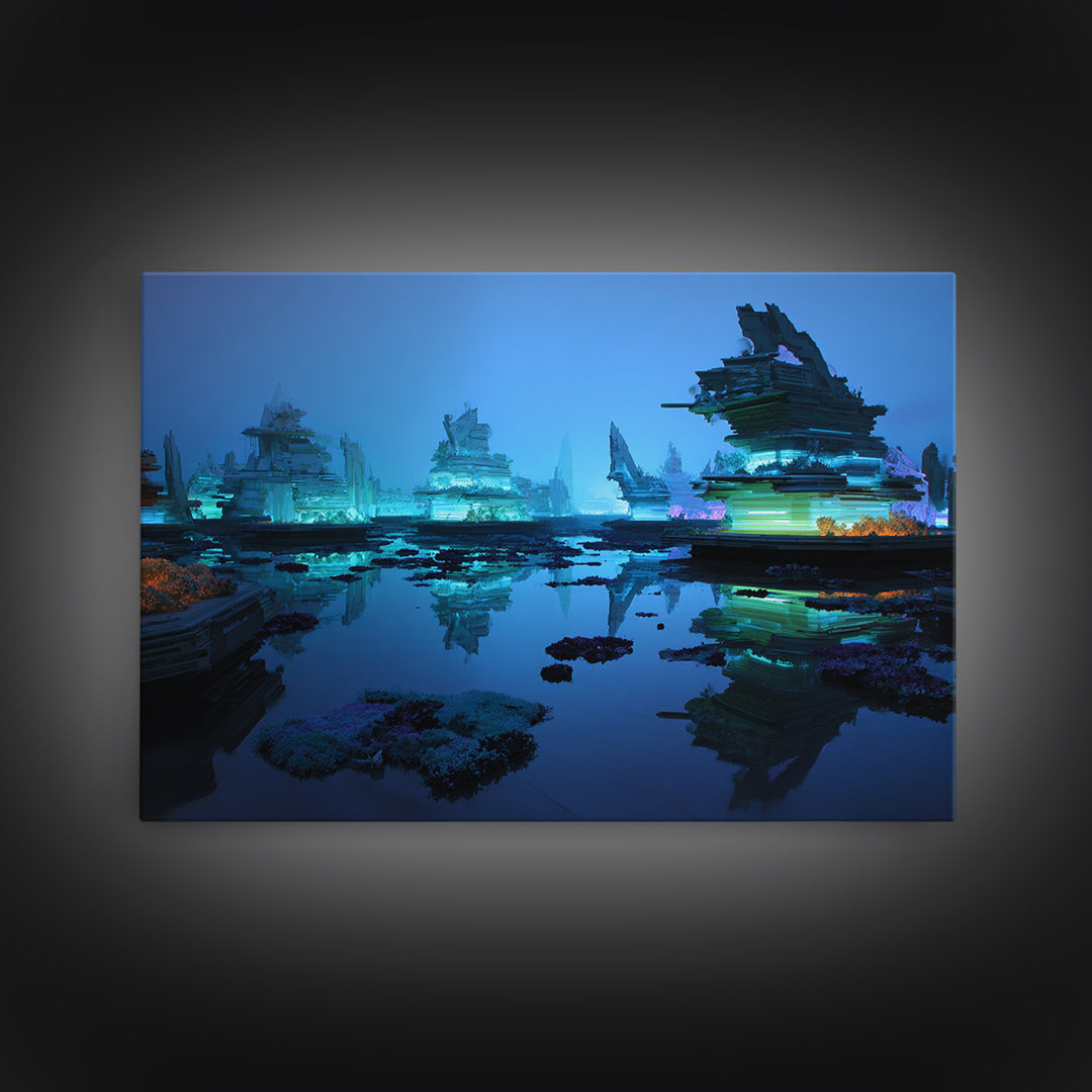 Bioluminescent Garden in a Future Habitat Framed Canvas Print, Futuristic Art, Minimalist Decor, Living Room Decor, Future, FUT-3x2-8