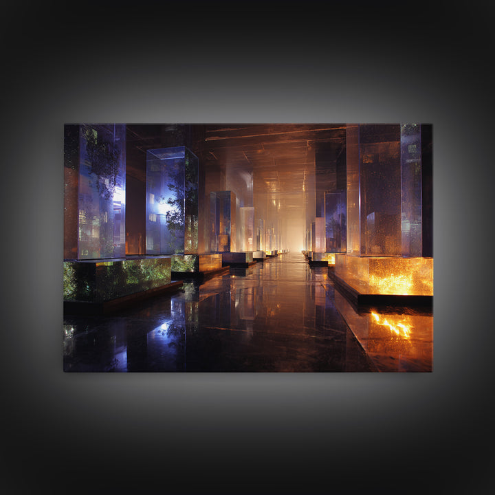 Bioluminescent Garden in a Future Habitat Framed Canvas Print, Futuristic Art, Cyberpunk Decor, Living Room Decor, Future, FUT-3x2-80