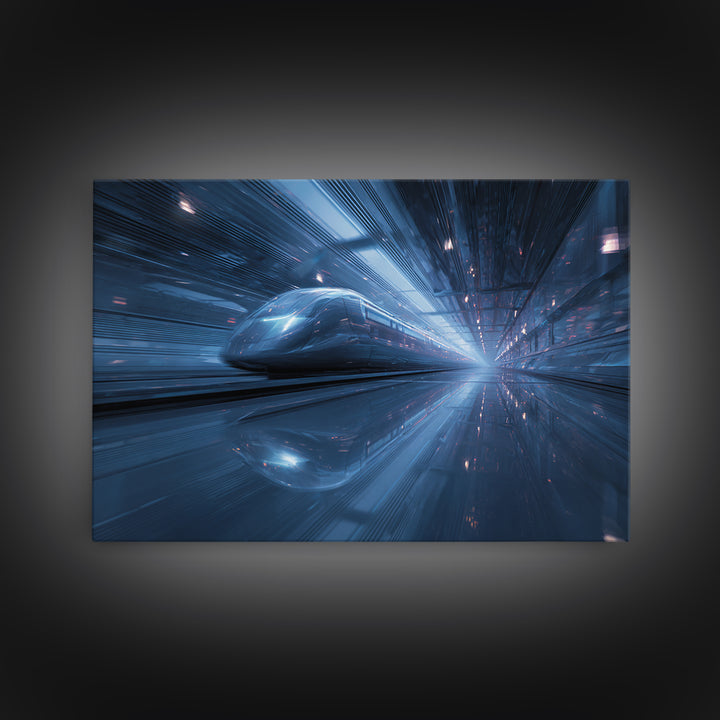 Transparent Train Speeding Through Light Tunnels Canvas Print, Futuristic Art, Victorian Decor, Living Room Decor, Future, FUT-3x2-87