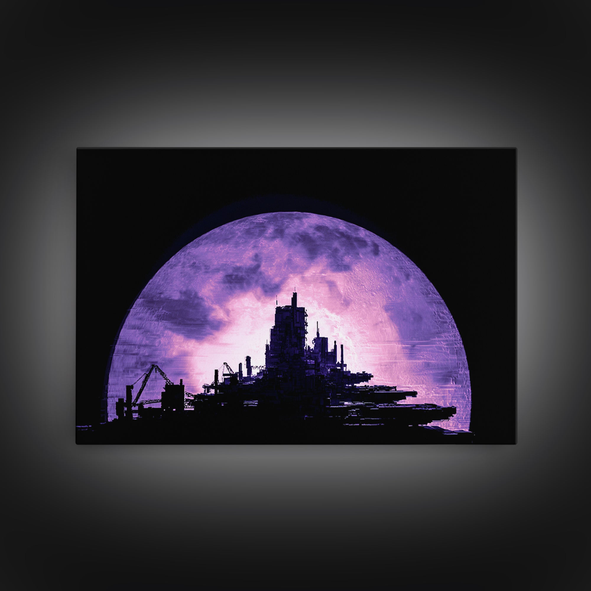 Moon Colony Silhouette Framed Canvas Print, Futuristic Art, Digital Print, Living Room Decor, Watercolor Art, Future, FUT-3x2-97