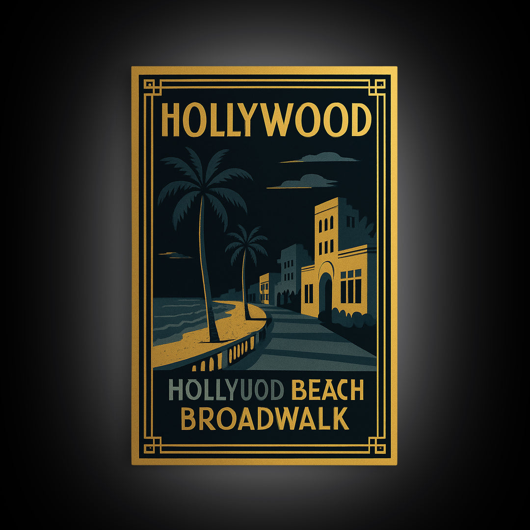 Hollywood Florida Travel Poster, Canvas Print, Gold Art Deco Wall Art, Hollywood City Art, Retro Travel Print, Travel Print, Wall Art