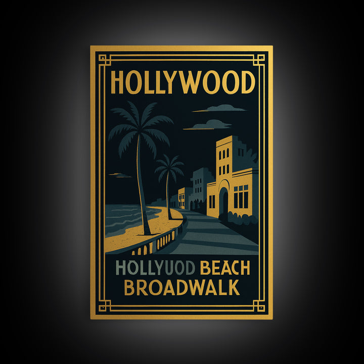 Hollywood Florida Travel Poster, Canvas Print, Gold Art Deco Wall Art, Hollywood City Art, Retro Travel Print, Travel Print, Wall Art