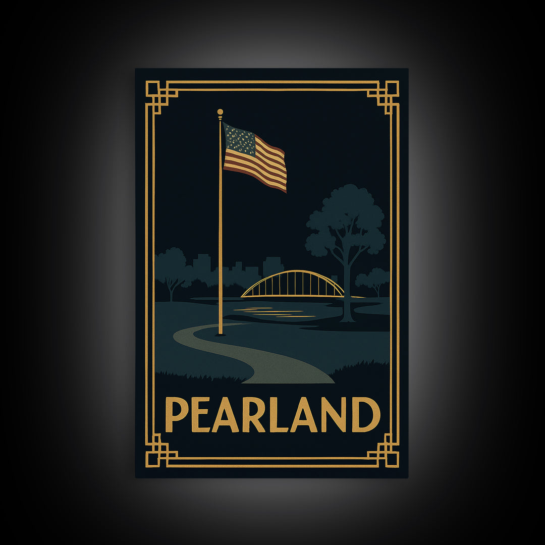 Pearland Texas Travel Poster, Framed Canvas Print, Luxury Art Deco Poster, Pearland Wall Art, Vintage City Art, Living Room Wall Art