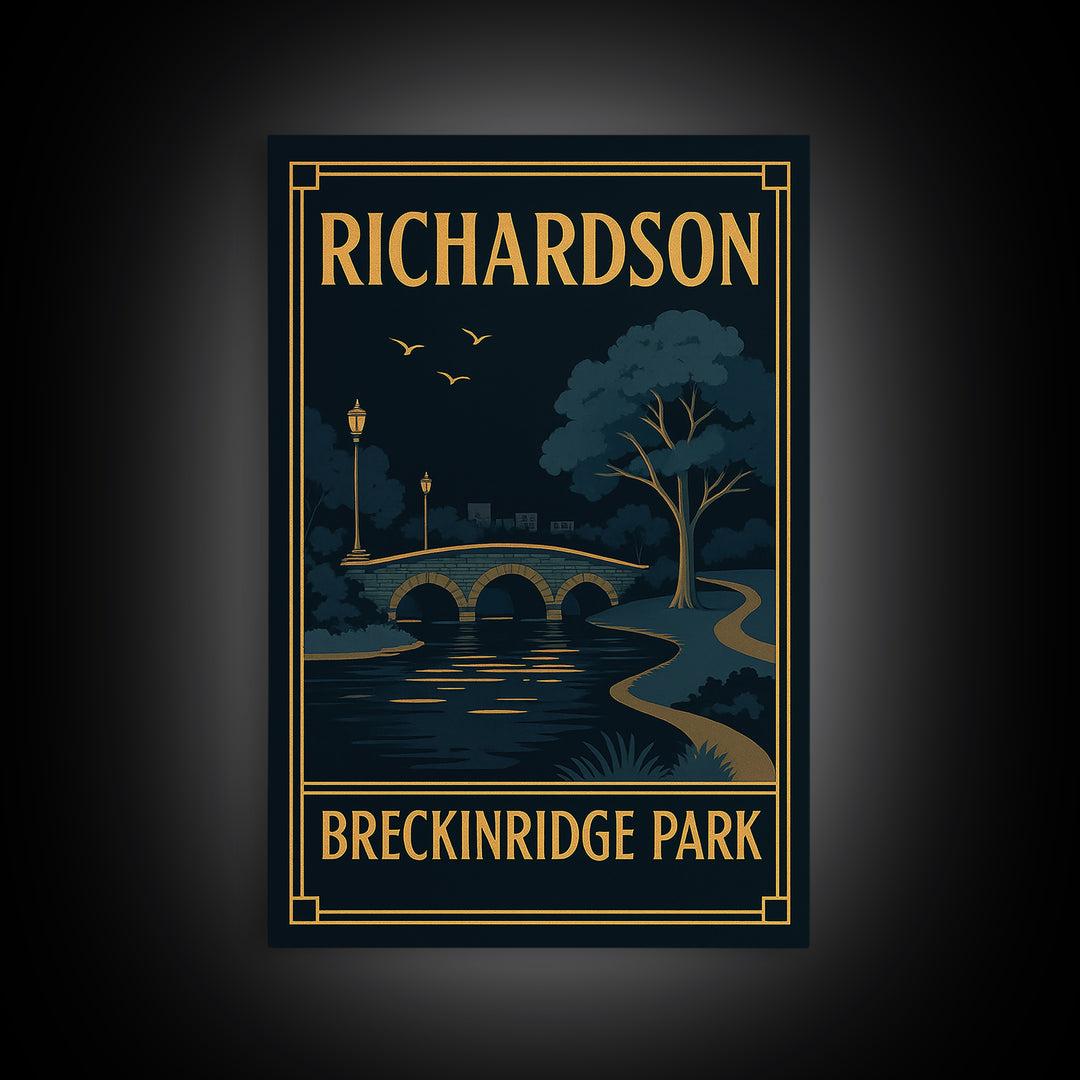 Richardson Texas Travel Poster, Framed Canvas Print, Black Gold City Wall Art, Richardson City Art, Fine Art Print, Vintage Travel Print