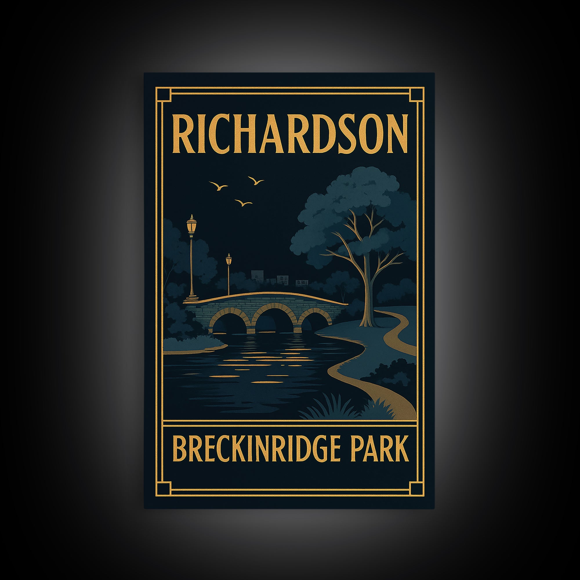 Richardson Texas Travel Poster, Framed Canvas Print, Black Gold City Wall Art, Richardson City Art, Fine Art Print, Vintage Travel Print