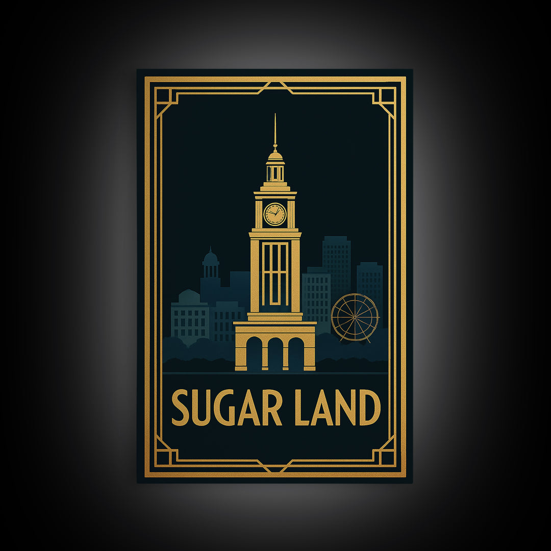 Sugar Land Travel Poster, Canvas Print, Black Gold City Wall Art, Sugar Land Art Print, Retro Travel Print, Watercolor Downtown Skyline
