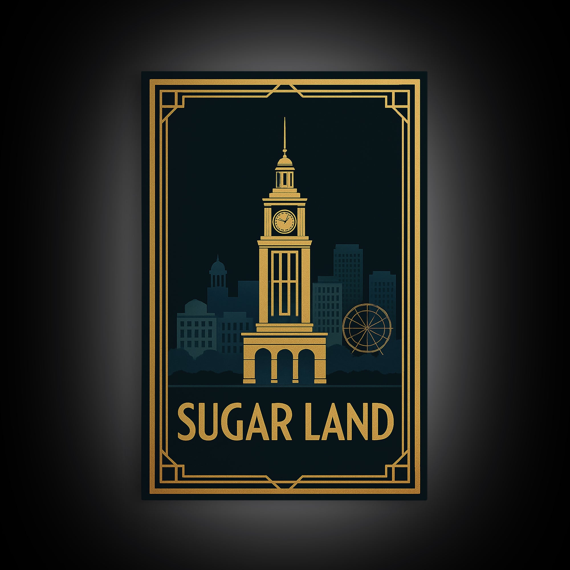 Sugar Land Travel Poster, Canvas Print, Black Gold City Wall Art, Sugar Land Art Print, Retro Travel Print, Watercolor Downtown Skyline
