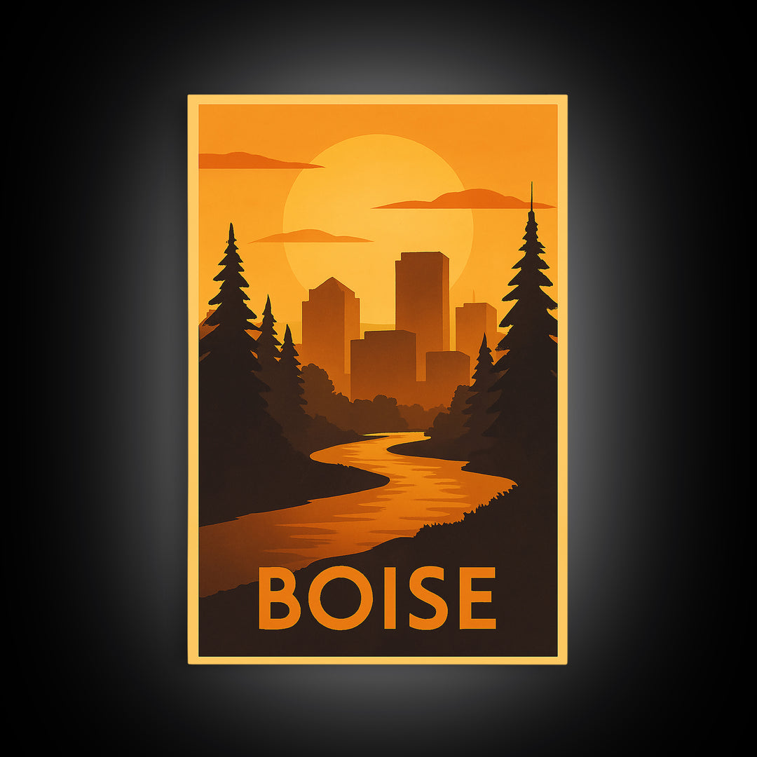Boise Travel Poster, Canvas Print, Gold Art Deco Poster Art, Boise Wall Art, City Illustration, City Art Print, Gift For Travelers