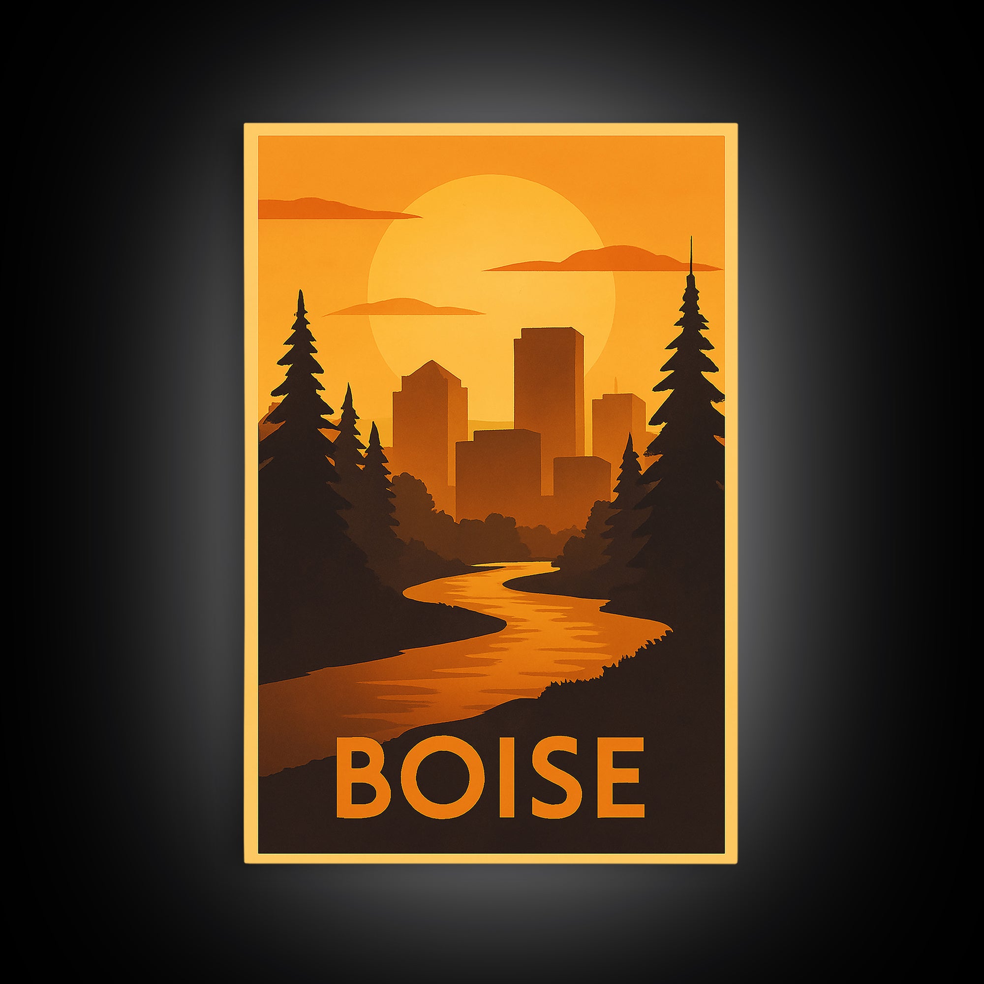 Boise Travel Poster, Canvas Print, Gold Art Deco Poster Art, Boise Wall Art, City Illustration, City Art Print, Gift For Travelers