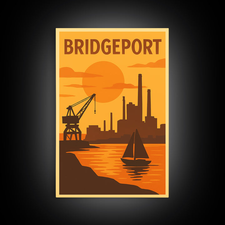 Bridgeport Connecticut Travel Poster, Canvas Print, Warm Sunset Silhouette Art, Bridgeport City Art, Travel Print, Watercolor Skyline Art