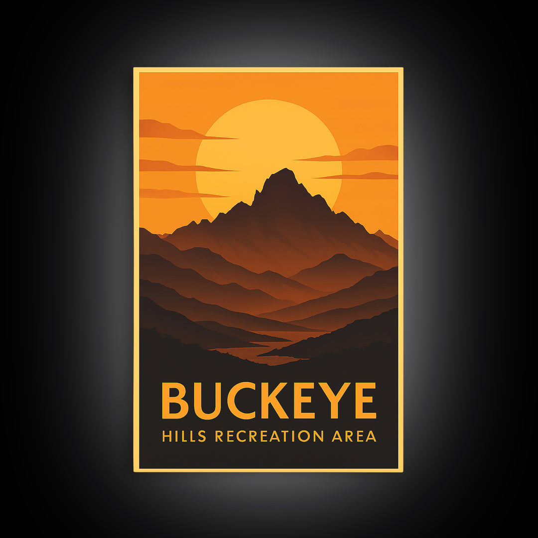 Buckeye Travel Poster, Canvas Print, Warm Sunset Silhouette Art, Buckeye Travel Art, Travel Wall Art, Eclectic Wall Decor, City Art Print