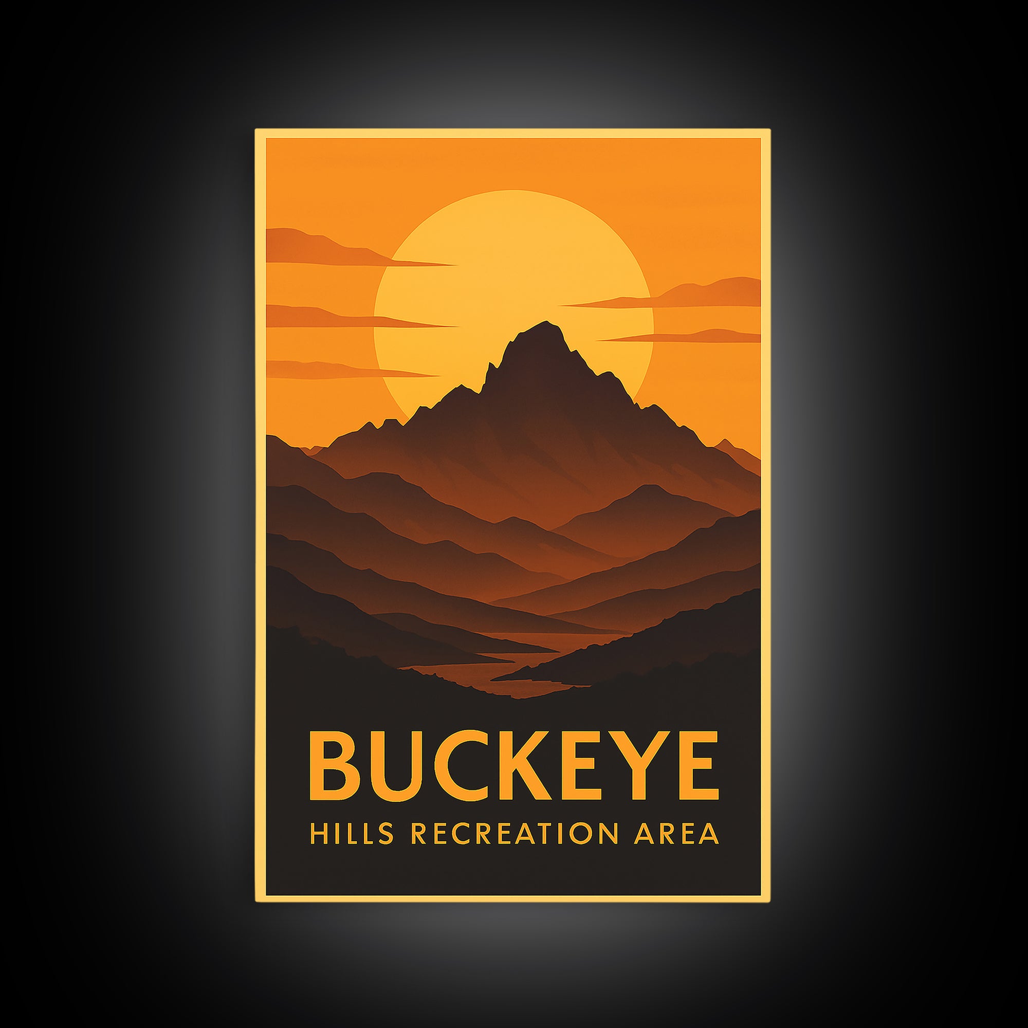 Buckeye Travel Poster, Canvas Print, Warm Sunset Silhouette Art, Buckeye Travel Art, Travel Wall Art, Eclectic Wall Decor, City Art Print