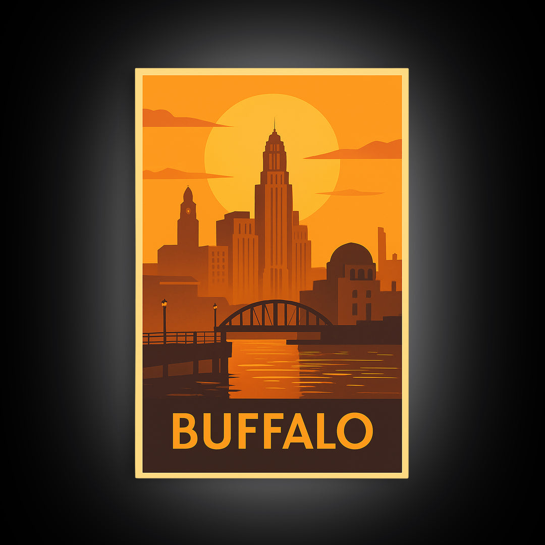 Buffalo Travel Poster, Framed Canvas Print, Golden Travel Poster Art, Buffalo Travel Art, Home Office Decor, Watercolor Skyline