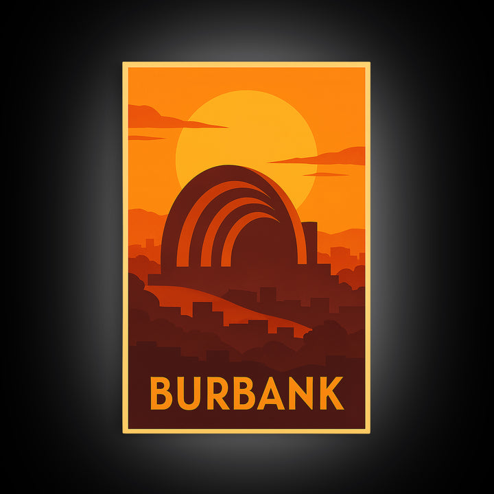 Burbank Travel Poster, Canvas Print, Warm Sunset Silhouette Art, Burbank Wall Art, Mid Century Wall Art, Vintage Travel Print, Design 2