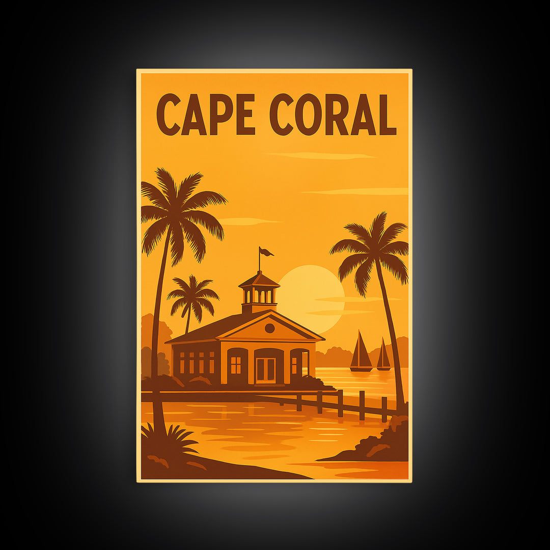 Cape Coral Florida Travel Poster, Framed Canvas Print, Golden Travel Poster Art, Cape Coral City Art, Wanderlust Decor, Eclectic Wall Decor
