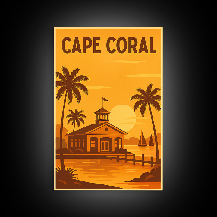 Cape Coral Florida Travel Poster, Framed Canvas Print, Golden Travel Poster Art, Cape Coral City Art, Wanderlust Decor, Eclectic Wall Decor