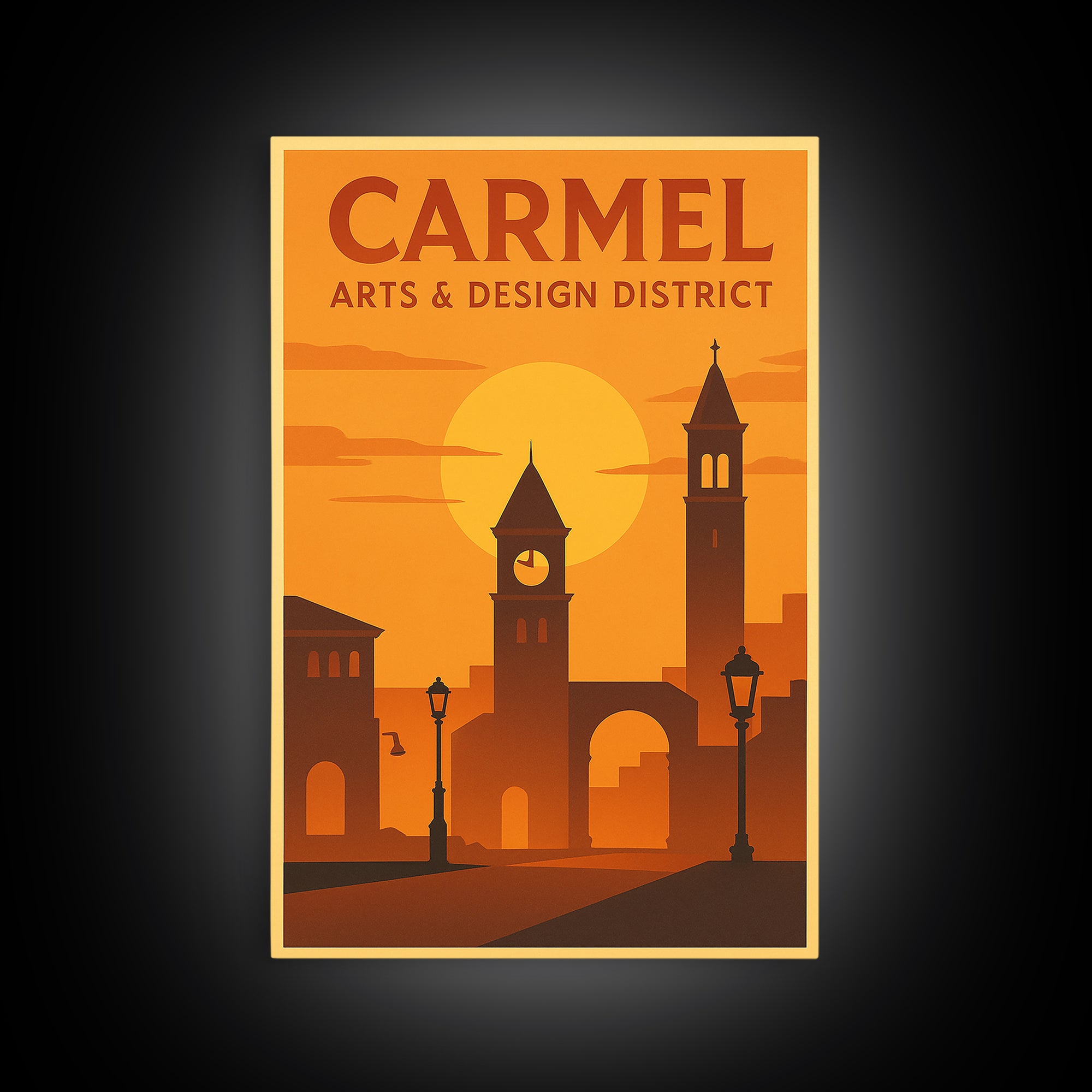 Carmel Indiana Travel Poster, Canvas Print, Warm Sunset Silhouette Art, Carmel Art Print, Fine Art Print, Wall Decor, Travel Poster Set