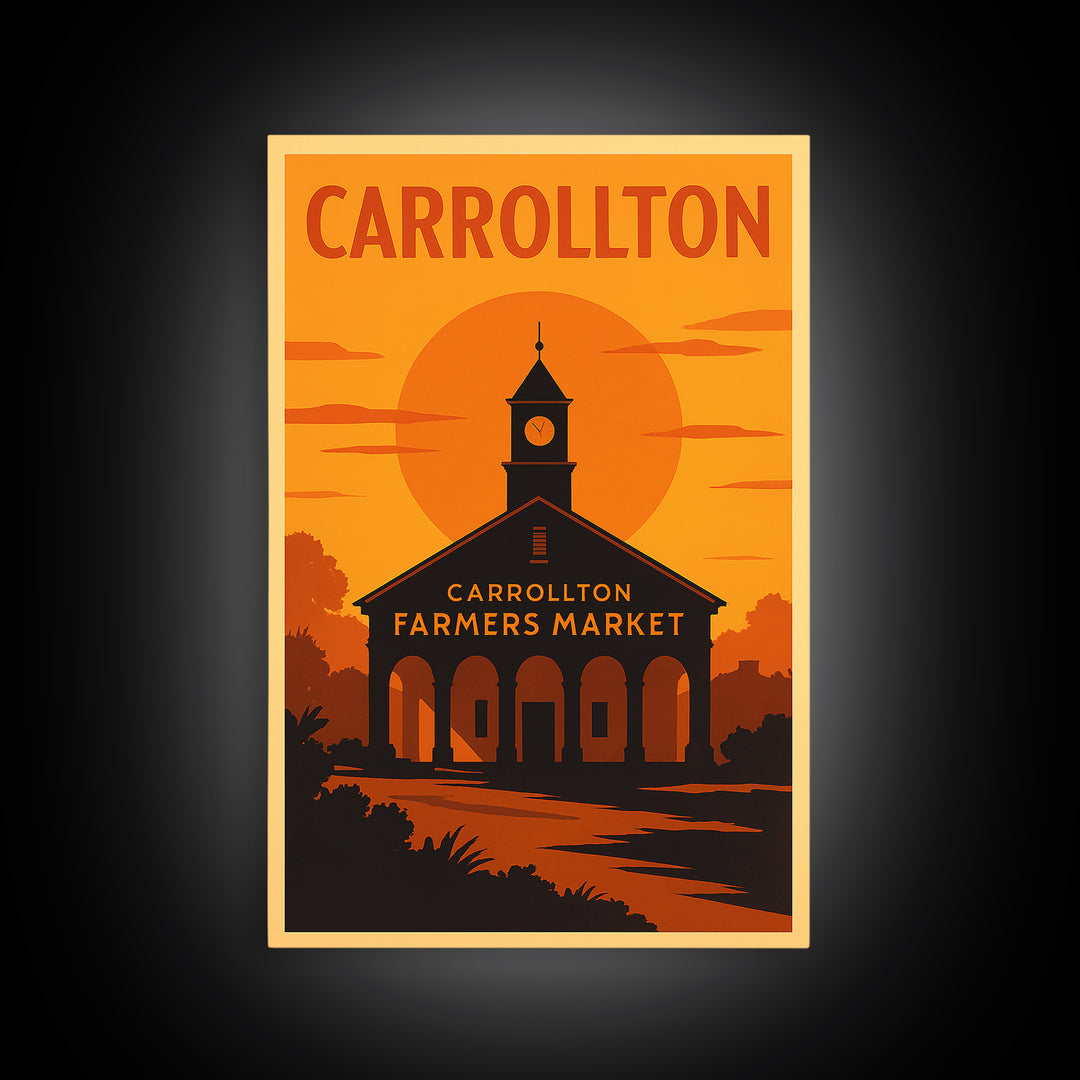 Carrollton Texas Travel Poster, Framed Canvas Print, Golden Travel Poster Art, Carrollton City Art, Home Office Decor, Retro Travel Print