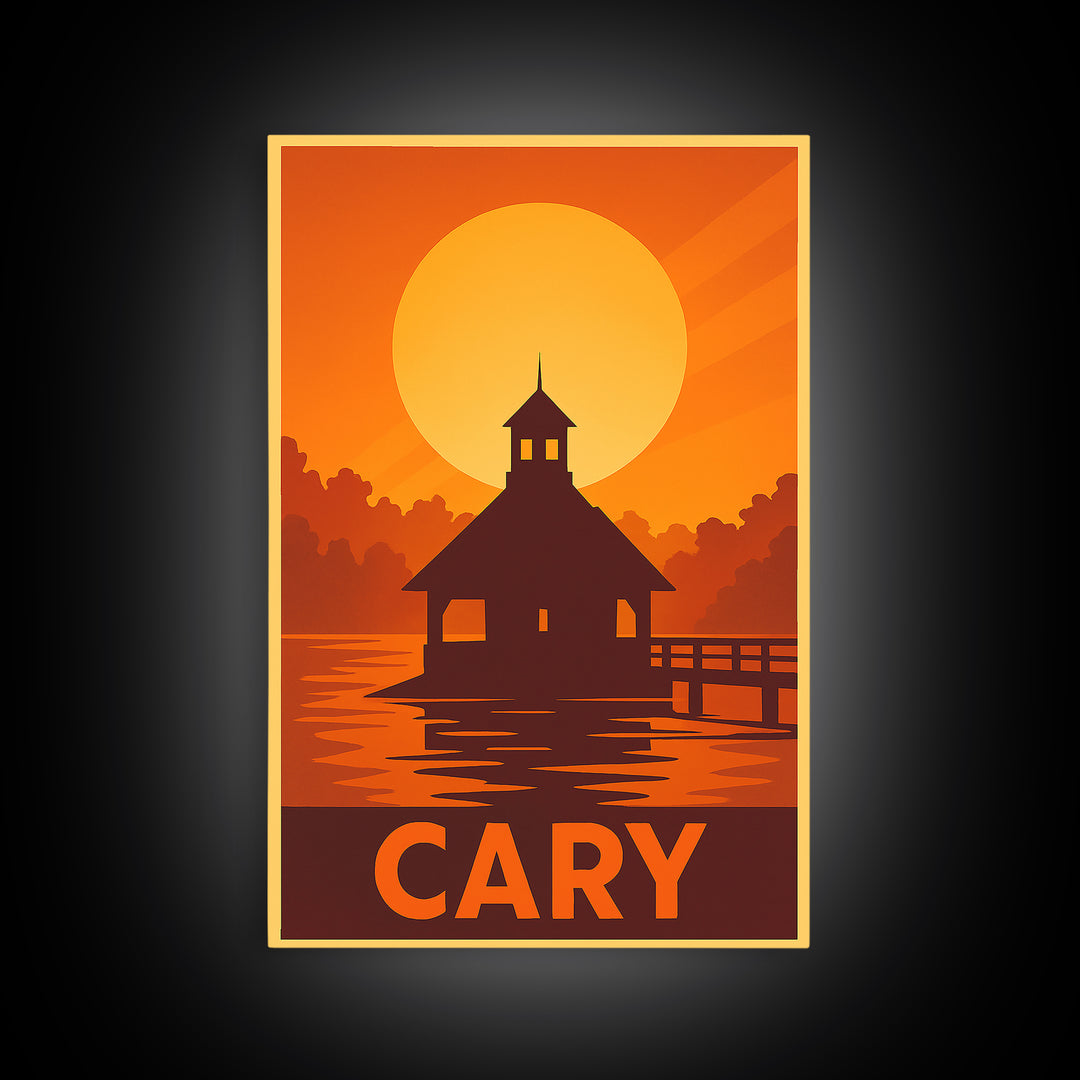 Cary Travel Poster, Framed Canvas Print, Golden Travel Poster Art, Cary City Art, City Travel Prints, Retro Travel Print, City Art Print