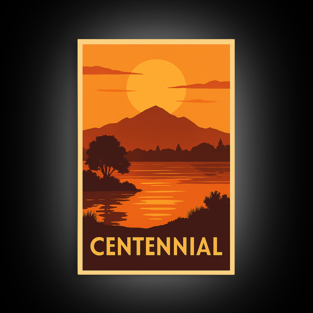 Centennial Travel Poster, Framed Canvas Print, Gold Art Deco Poster Art, Centennial Travel Art, Vintage Travel Art, City Travel Prints