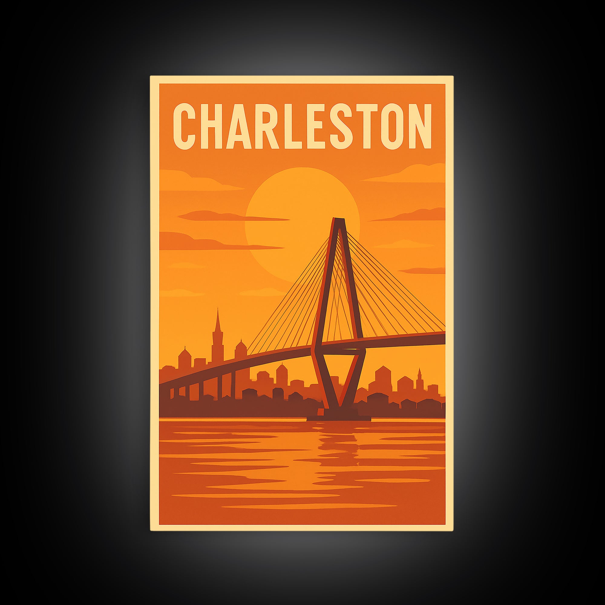 Charleston South Carolina Travel Poster, Canvas Print, Warm Sunset Silhouette Art, Charleston City Art, Fine Art Print, Travel Poster Art