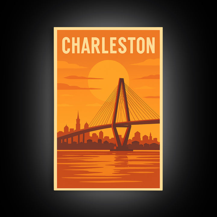 Charleston South Carolina Travel Poster, Canvas Print, Warm Sunset Silhouette Art, Charleston City Art, Fine Art Print, Travel Poster Art