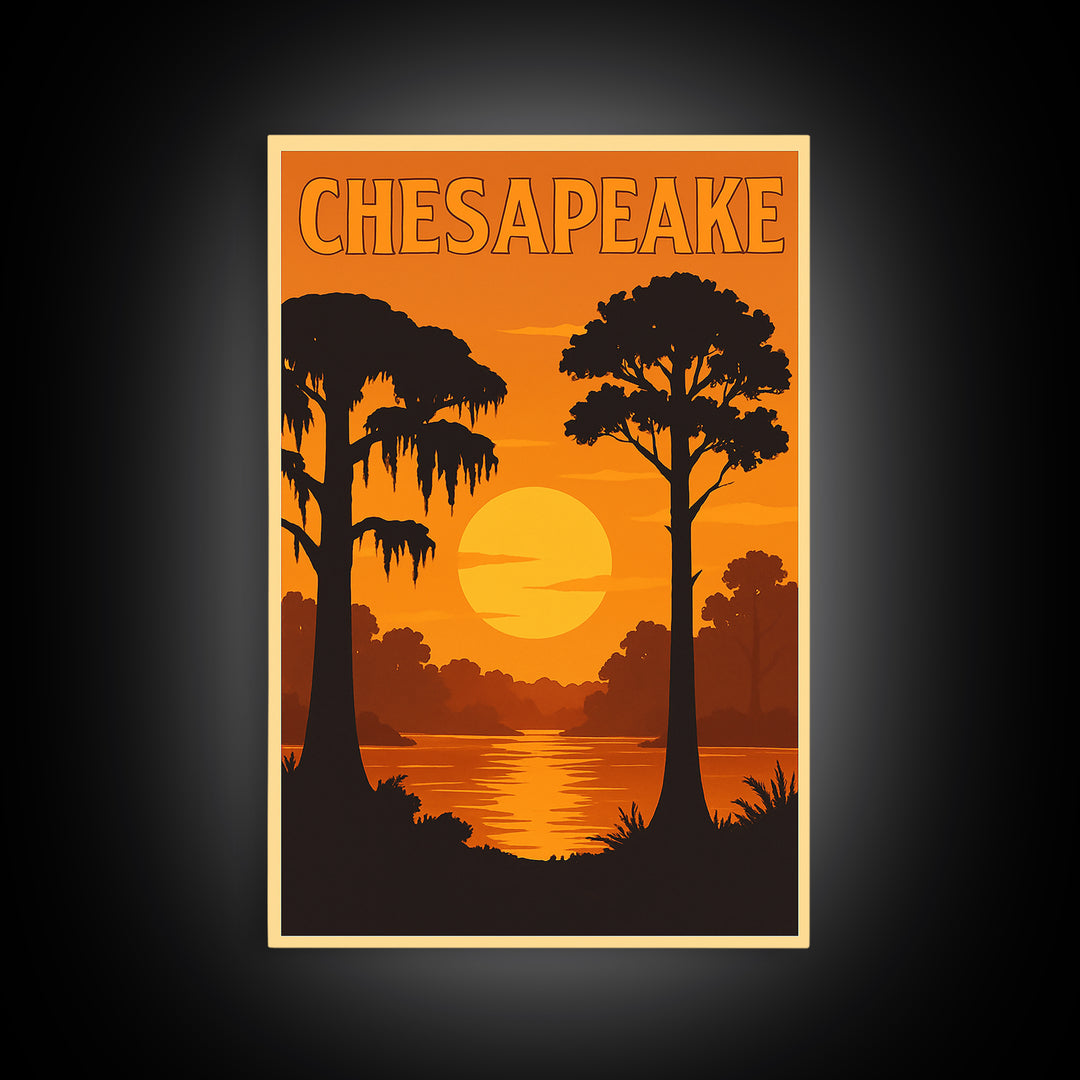 Chesapeake Virginia Travel Poster, Canvas Print, Warm Sunset Silhouette Art, Chesapeake Wall Art, City Travel Prints, Vintage City Poster