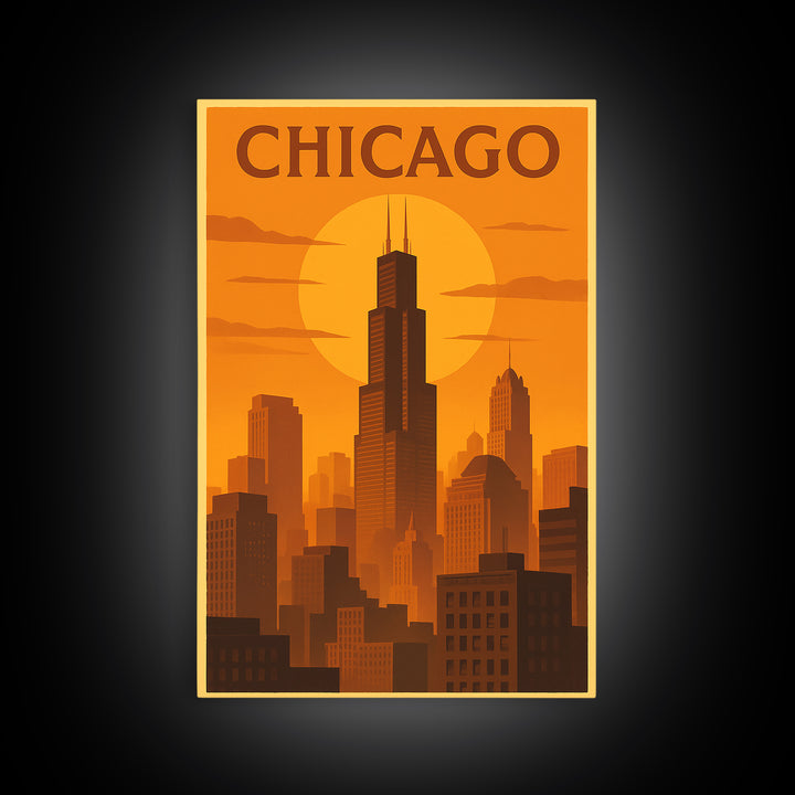 Chicago Illinois Travel Poster, Canvas Print, Warm Sunset Silhouette Art, Chicago Poster Print, Travel Print, Travel Wall Art, Home Decor