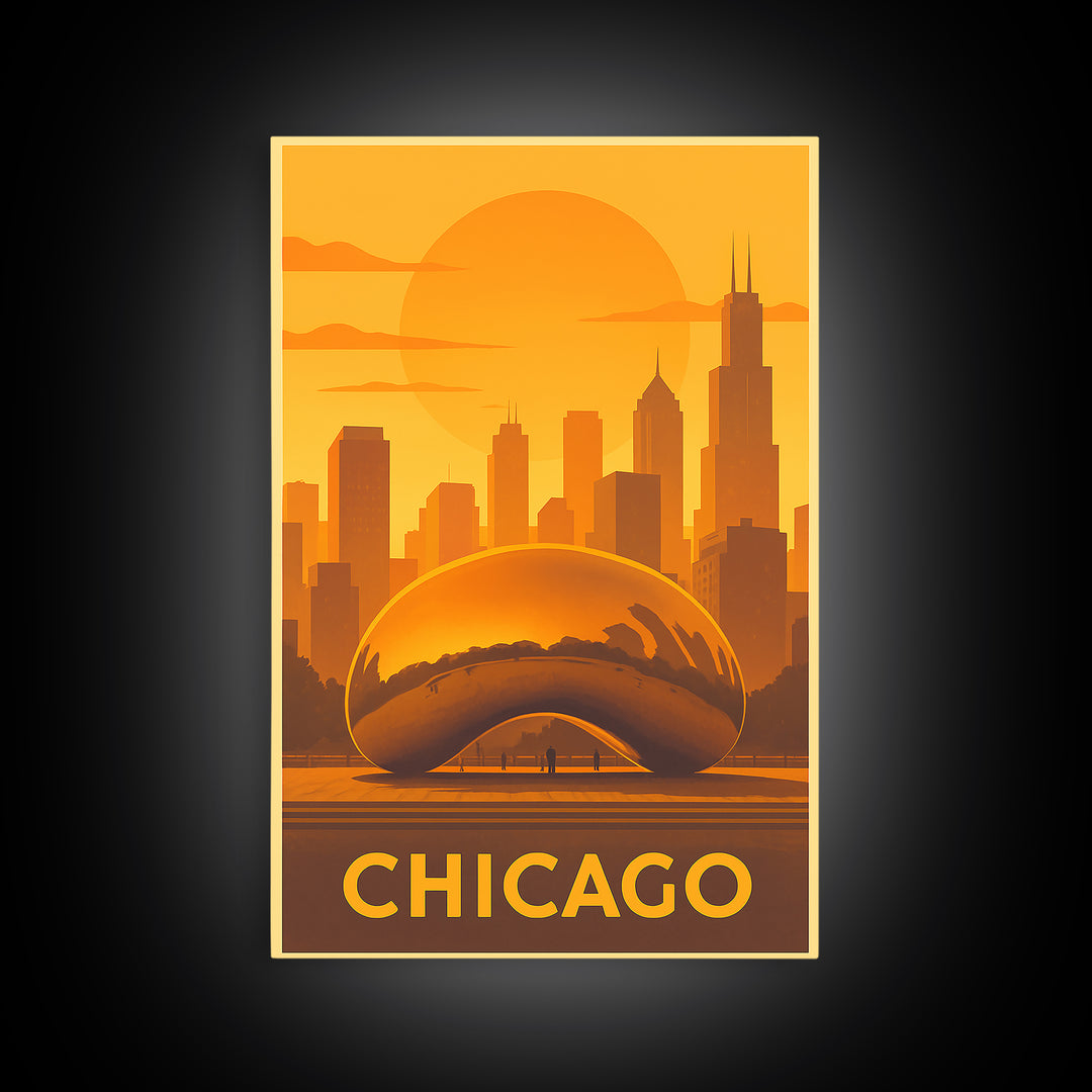 Chicago Travel Poster, Framed Canvas Print, Warm Sunset Silhouette Art, Chicago Poster Print, Modern Wall Decor, Travel Wall Decor