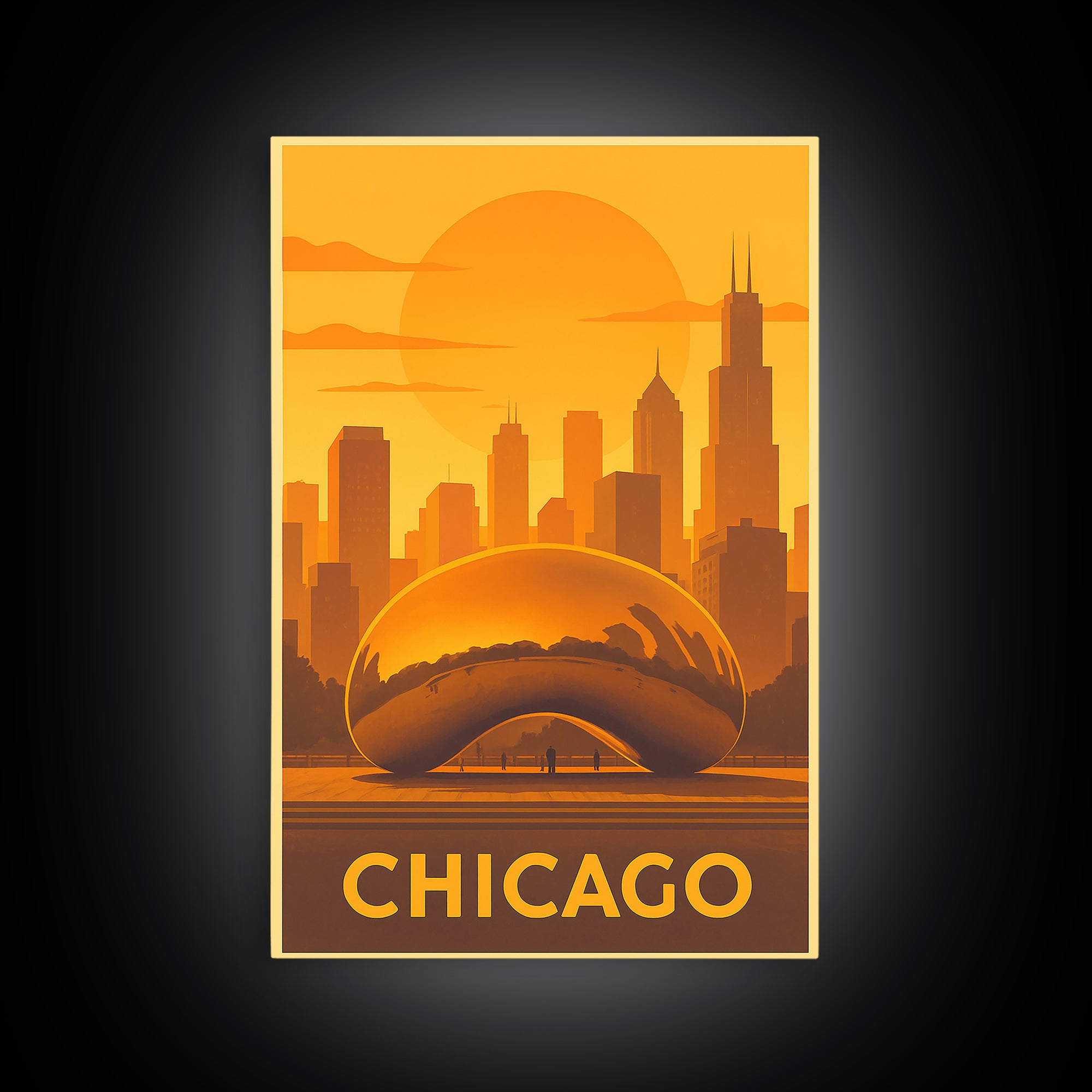 Chicago Travel Poster, Framed Canvas Print, Warm Sunset Silhouette Art, Chicago Poster Print, Modern Wall Decor, Travel Wall Decor