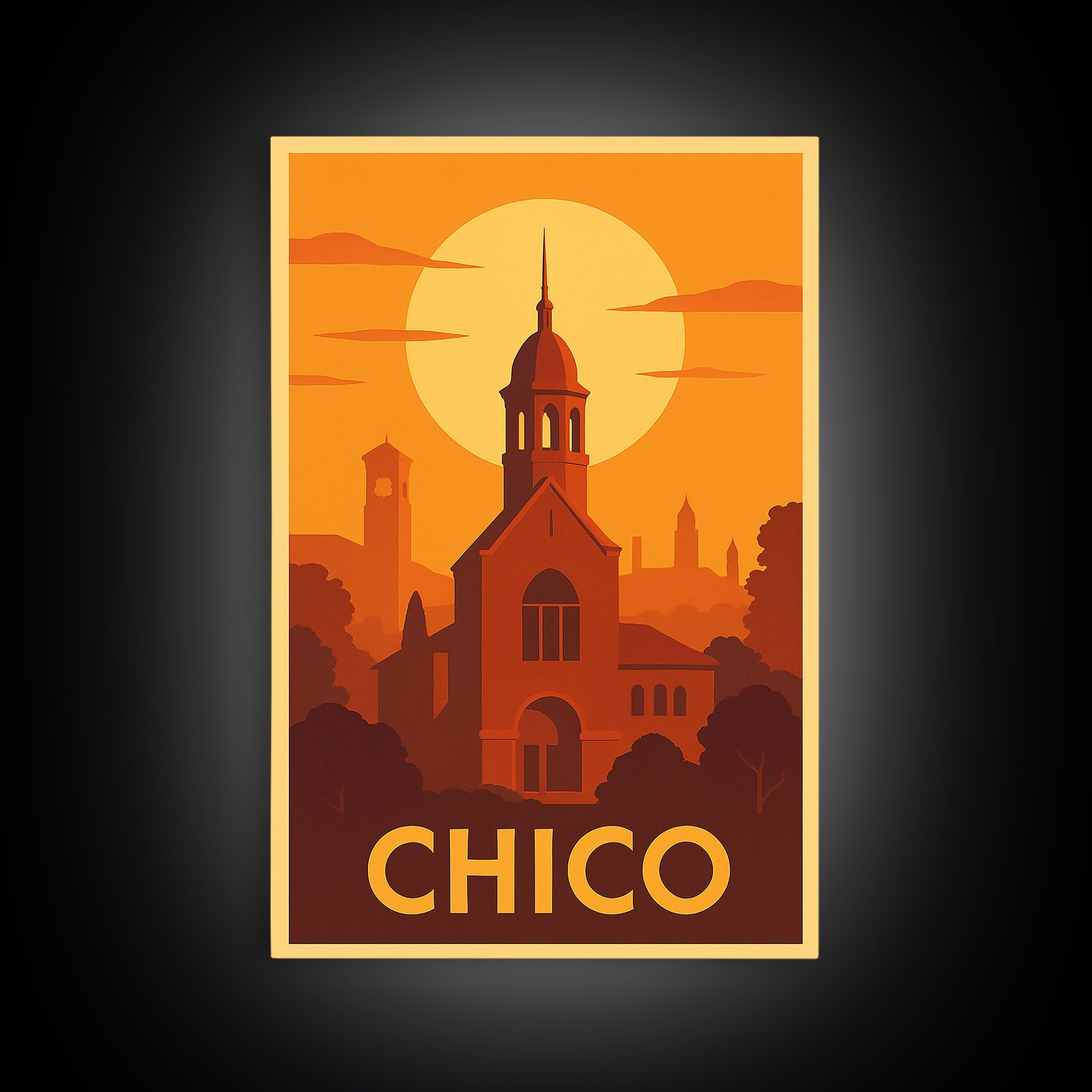 Chico Travel Poster, Framed Canvas Print, Vintage Deco Wall Art, Chico Poster Print, Gift For Travelers, City Illustration, Retro Poster