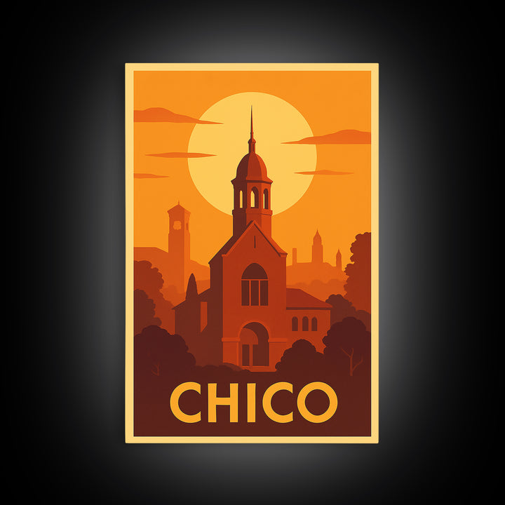 Chico Travel Poster, Framed Canvas Print, Vintage Deco Wall Art, Chico Poster Print, Gift For Travelers, City Illustration, Retro Poster