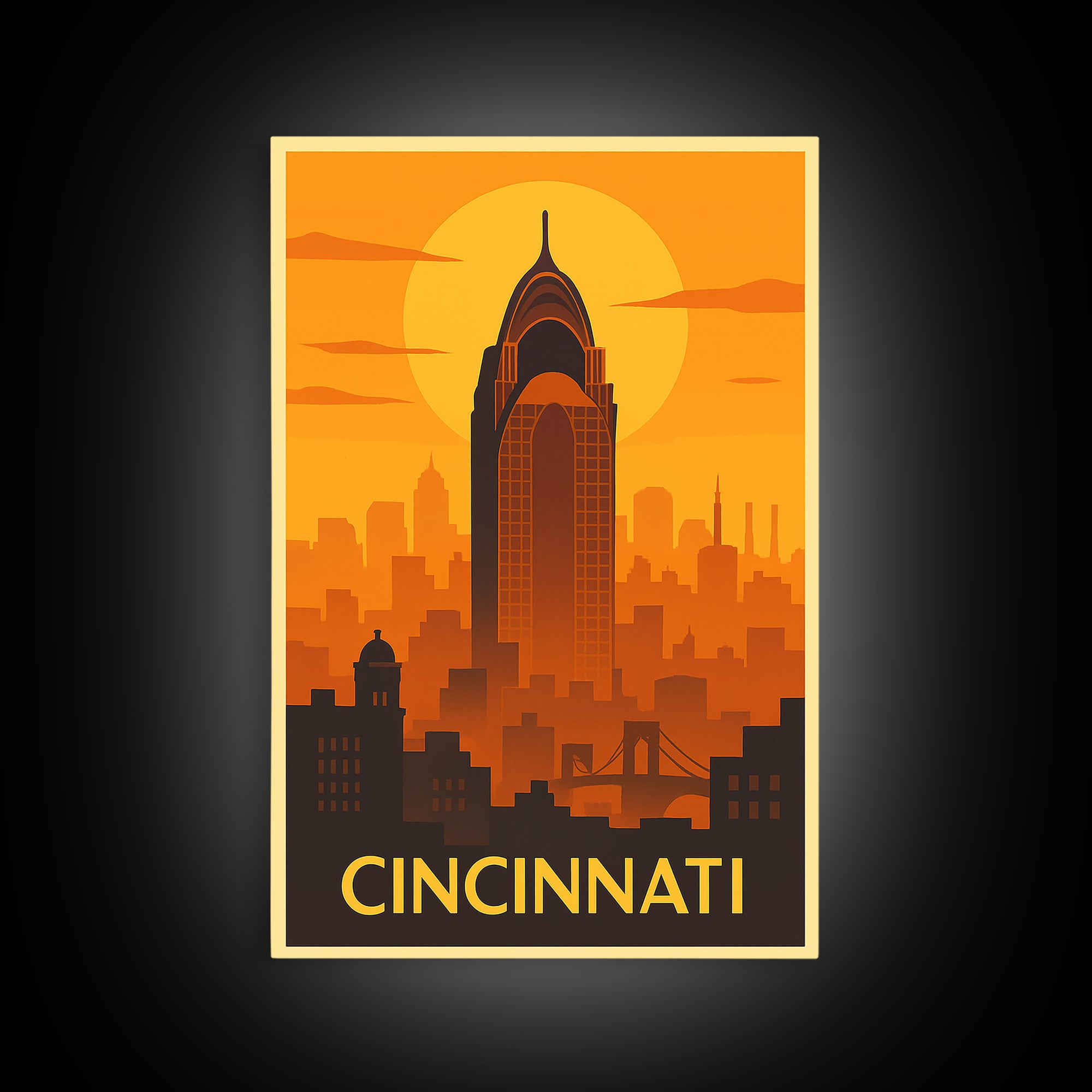 Cincinnati Travel Poster, Framed Canvas Print, Warm Sunset Silhouette Art, Cincinnati Art Print, Retro Travel Print, Gift For Travelers