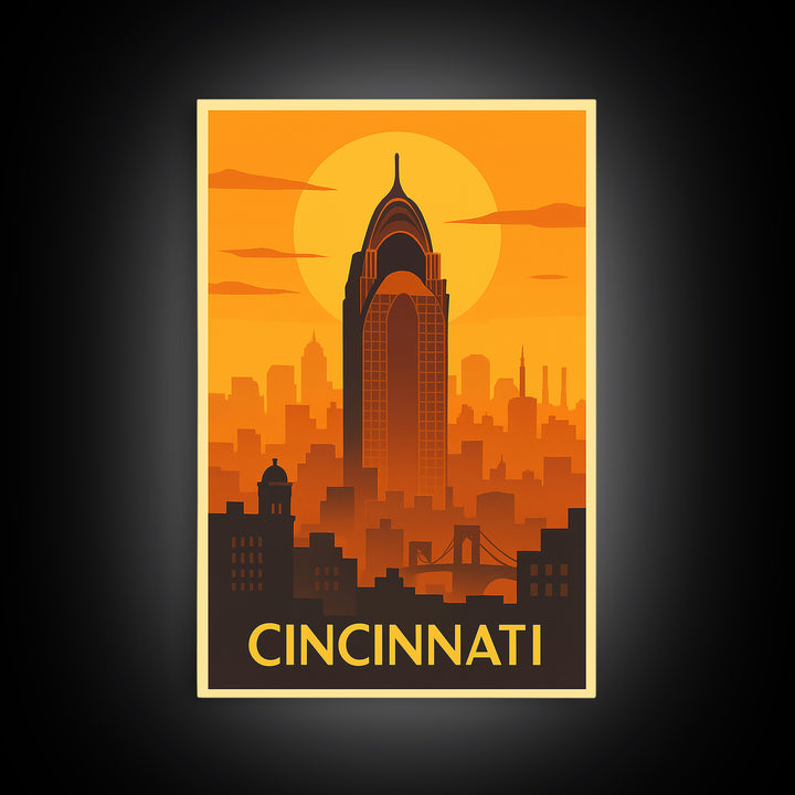 Cincinnati Travel Poster, Framed Canvas Print, Warm Sunset Silhouette Art, Cincinnati Art Print, Retro Travel Print, Gift For Travelers