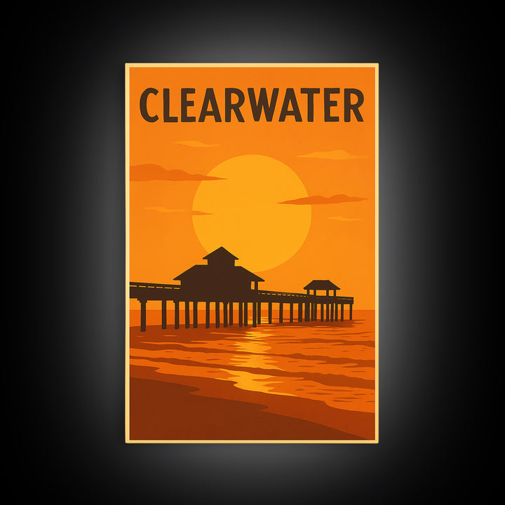 Clearwater Florida Travel Poster, Canvas Print, Warm Sunset Silhouette Art, Clearwater Poster Print, Wall Art, Gift For Travelers