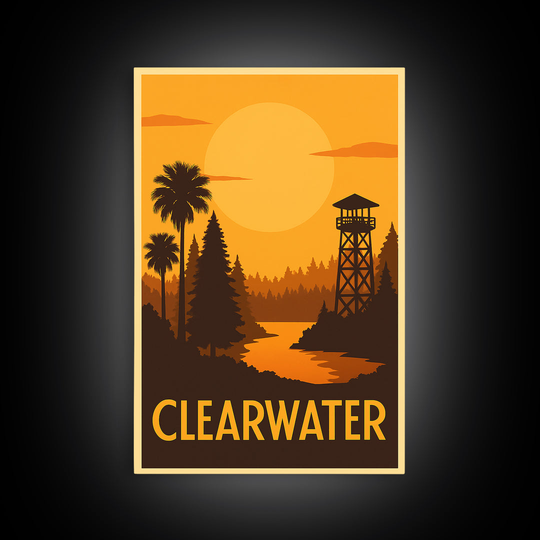 Clearwater Travel Poster, Framed Canvas Print, Golden Travel Poster Art, Clearwater City Art, City Travel Prints, Travel Poster Art