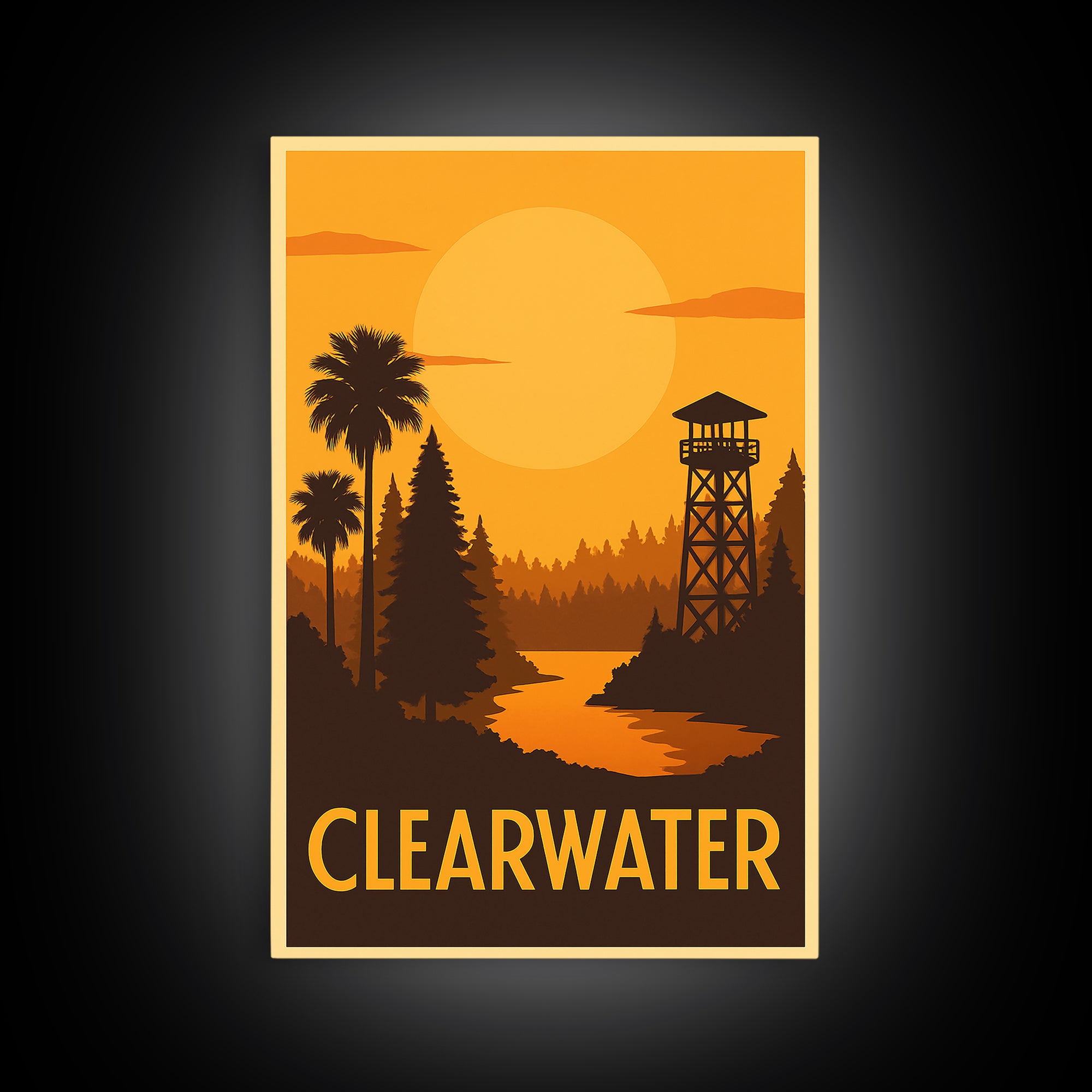 Clearwater Travel Poster, Framed Canvas Print, Golden Travel Poster Art, Clearwater City Art, City Travel Prints, Travel Poster Art