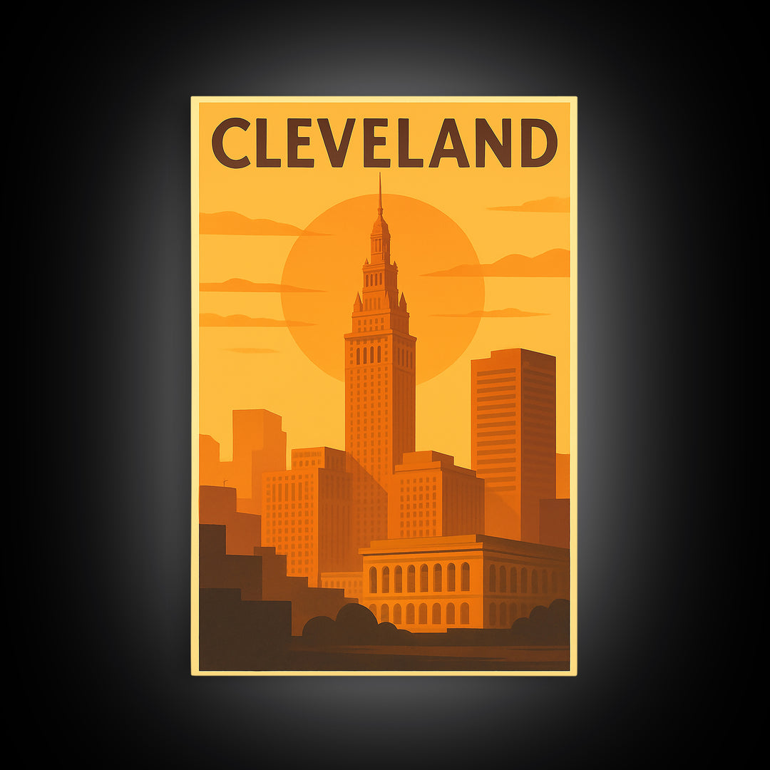 Cleveland Ohio Travel Poster, Framed Canvas Print, Golden Travel Poster Art, Cleveland Travel Art, Modern Wall Decor, Travel Poster Art