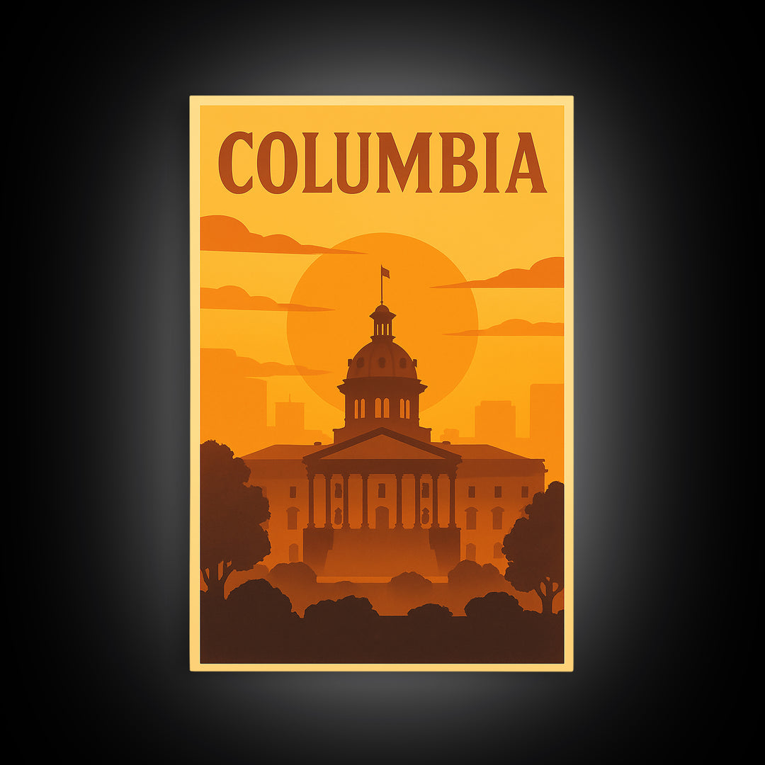 Columbia South Carolina Travel Poster, Canvas Print, Warm Sunset Silhouette Art, Columbia Poster Print, Wall Decor, Watercolor Cityscape
