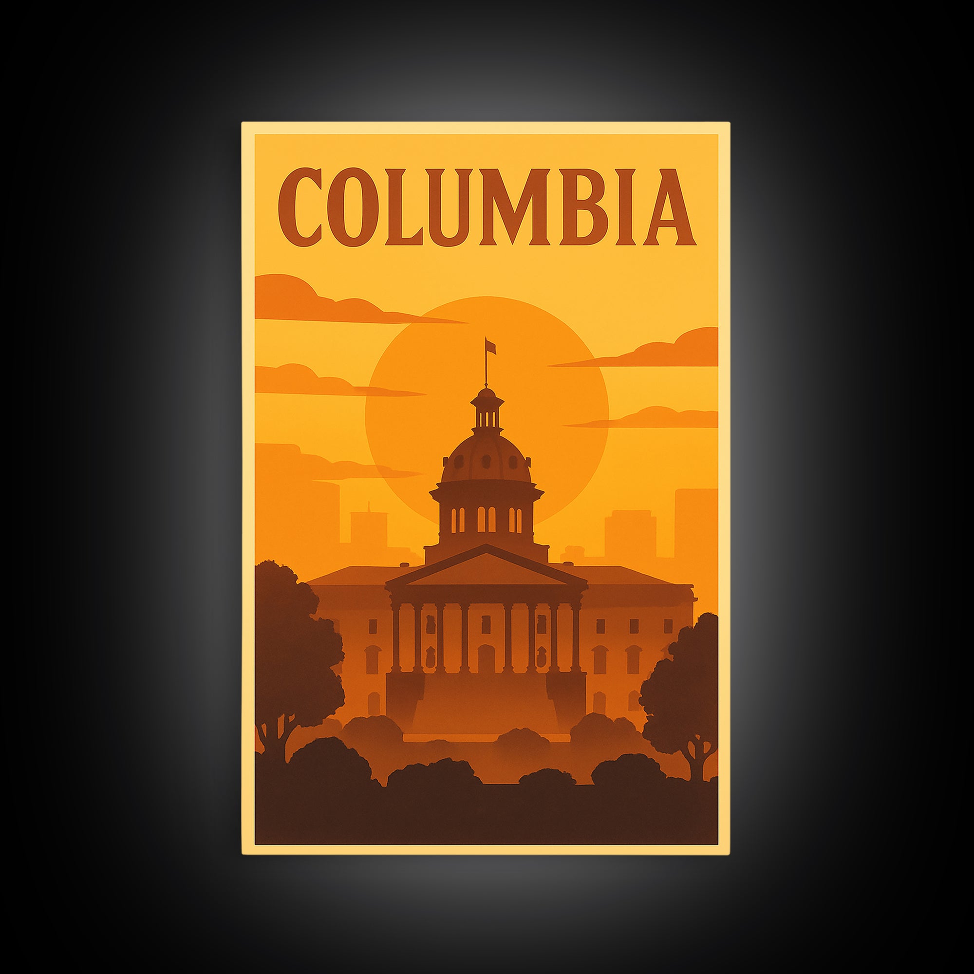 Columbia South Carolina Travel Poster, Canvas Print, Warm Sunset Silhouette Art, Columbia Poster Print, Wall Decor, Watercolor Cityscape