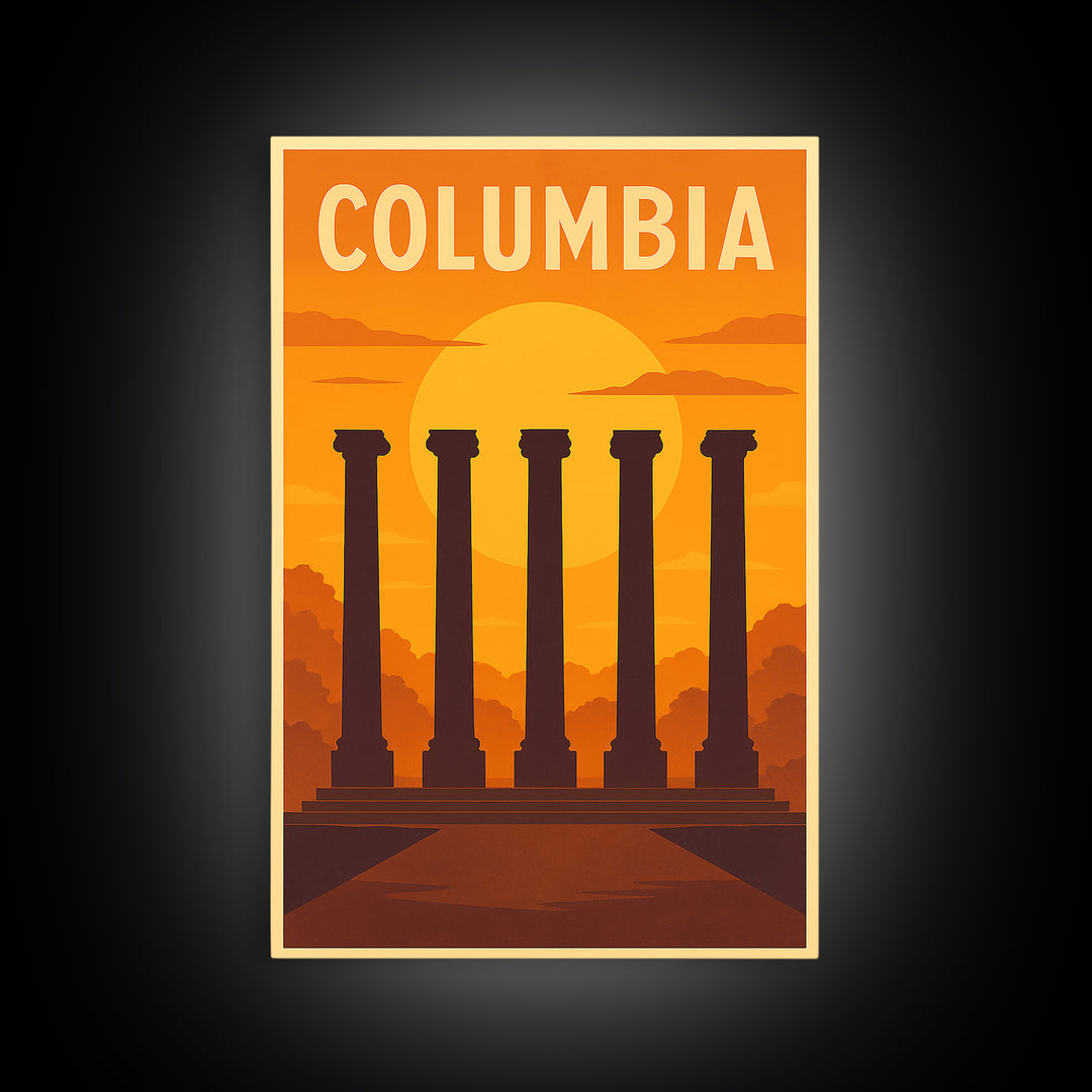 Columbia Travel Poster, Framed Canvas Print, Gold Art Deco Poster Art, Columbia Travel Art, Vintage Travel Art, Travel Art Print