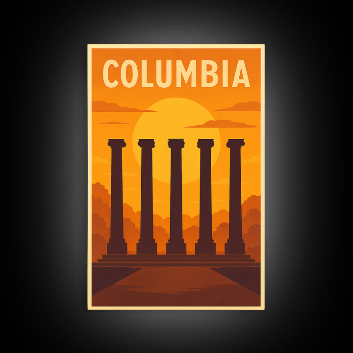 Columbia Travel Poster, Framed Canvas Print, Gold Art Deco Poster Art, Columbia Travel Art, Vintage Travel Art, Travel Art Print
