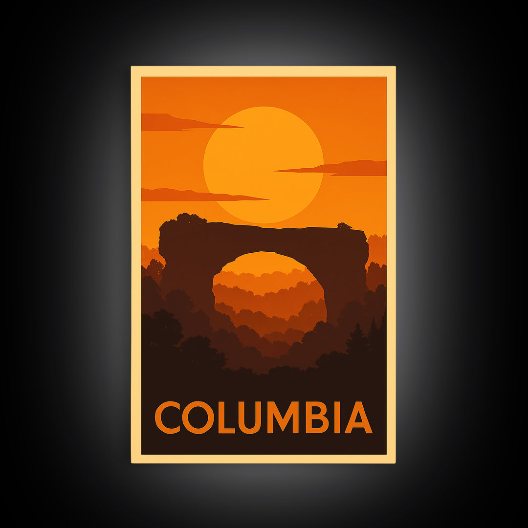 Columbia Travel Poster, Canvas Print, Warm Sunset Silhouette Art, Columbia City Art, Retro Travel Print, Eclectic Wall Decor, Wall Art
