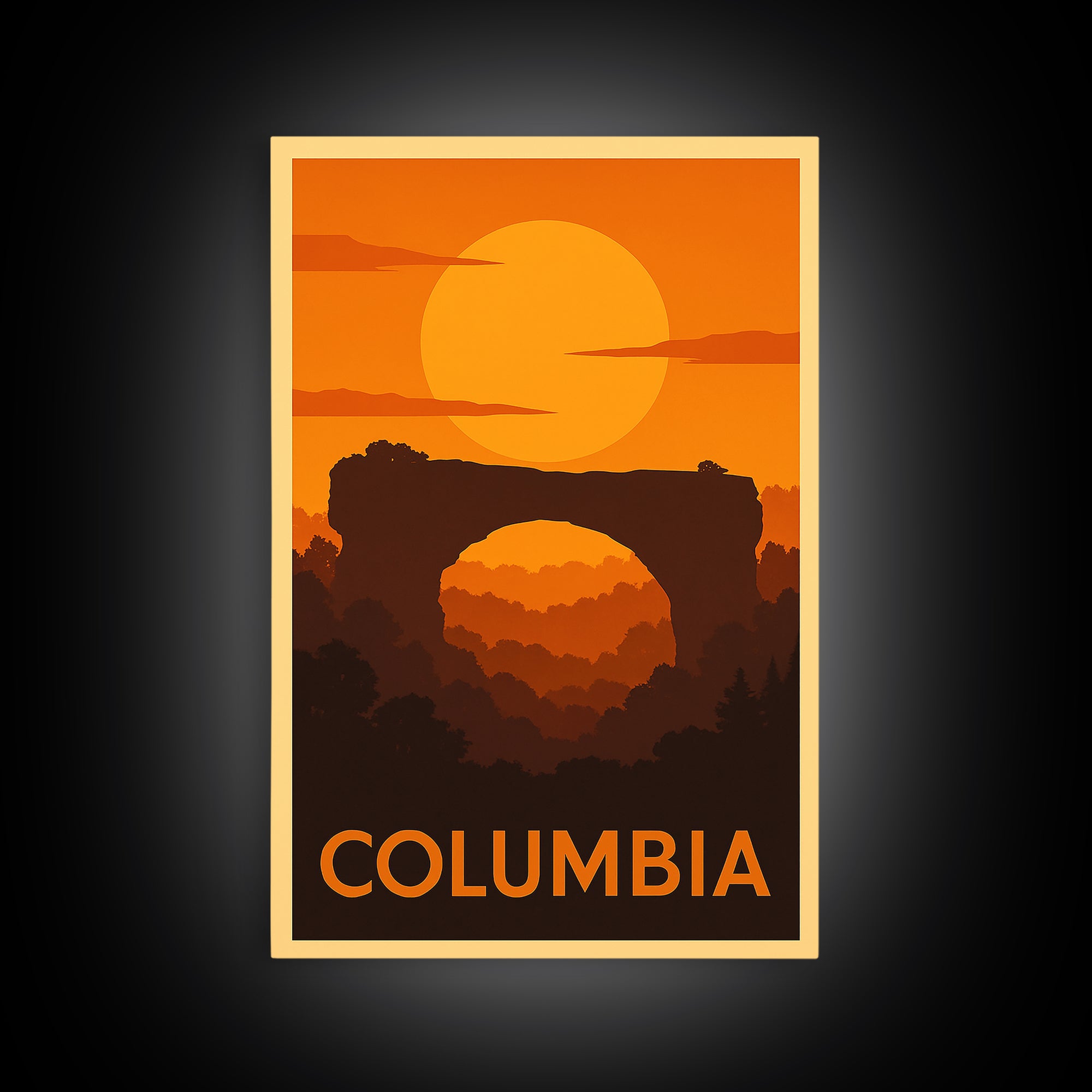 Columbia Travel Poster, Canvas Print, Warm Sunset Silhouette Art, Columbia City Art, Retro Travel Print, Eclectic Wall Decor, Wall Art