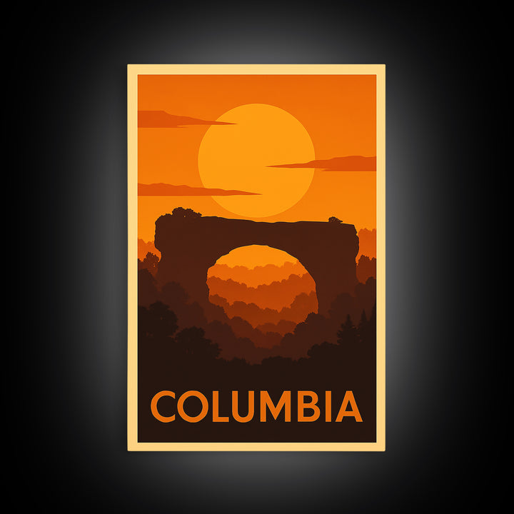 Columbia Travel Poster, Canvas Print, Warm Sunset Silhouette Art, Columbia City Art, Retro Travel Print, Eclectic Wall Decor, Wall Art